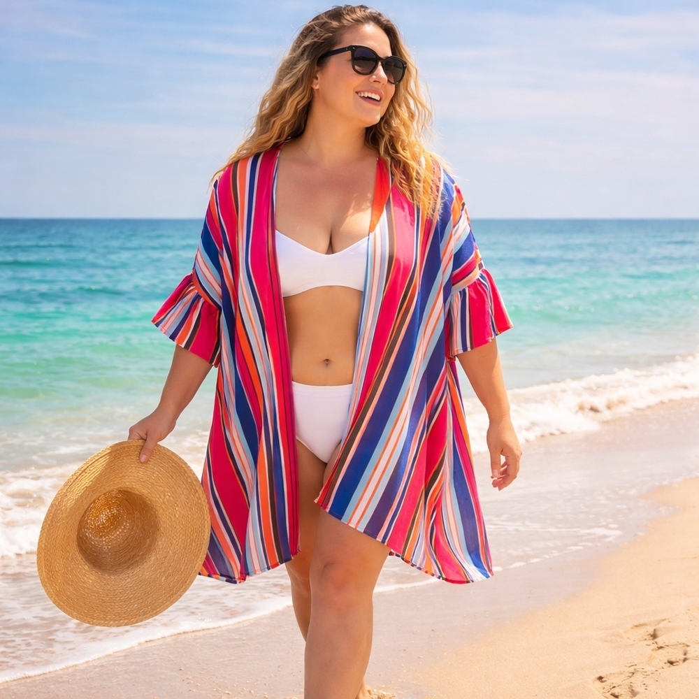 Boho Beach Kimono Cover Up XL Colorful Striped Swim Coverup Resort Vacation Umge